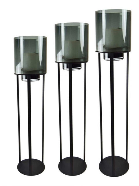 Luxe windlichten set van 3 met open frame in mat zwart met smoke glas