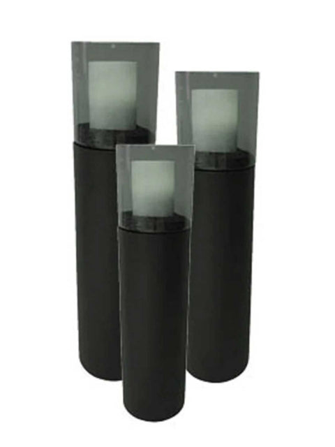 Luxe windlichten set van 3 in de kleur mat zwart met Smoke zwart glas